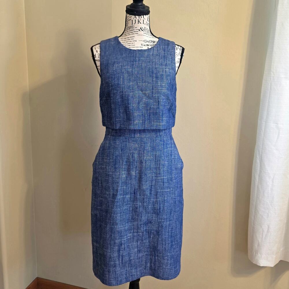 J Crew 2 Like New Linen Blue Sleeveless Office Dress w Pockets Tailored Fit